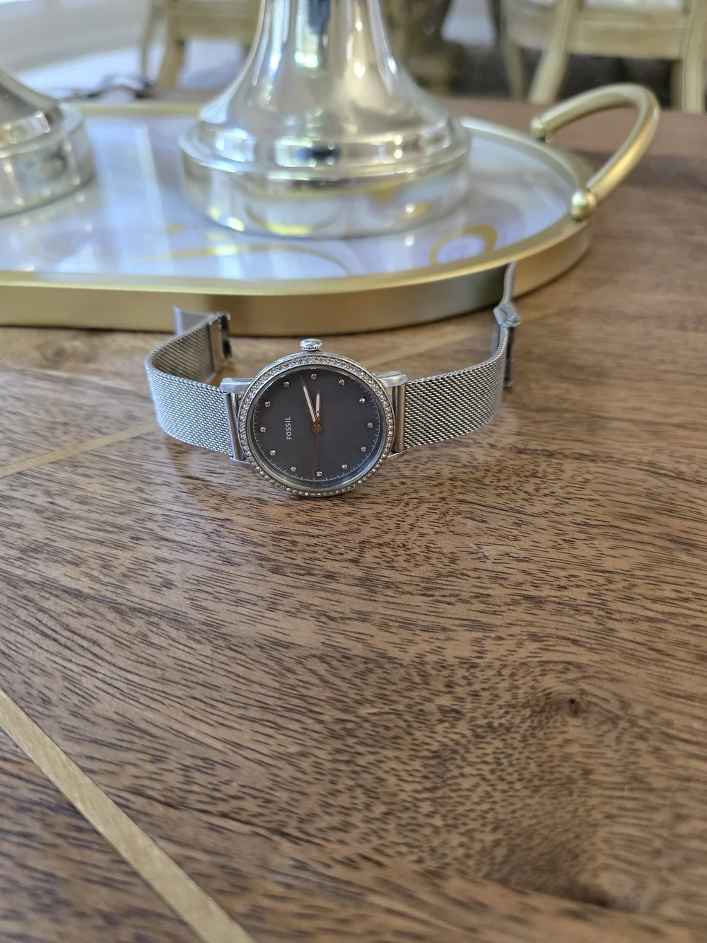 Fossil Silver Mesh Watch with Blue Mother-of-Pearl Dial and Crystal Bezel